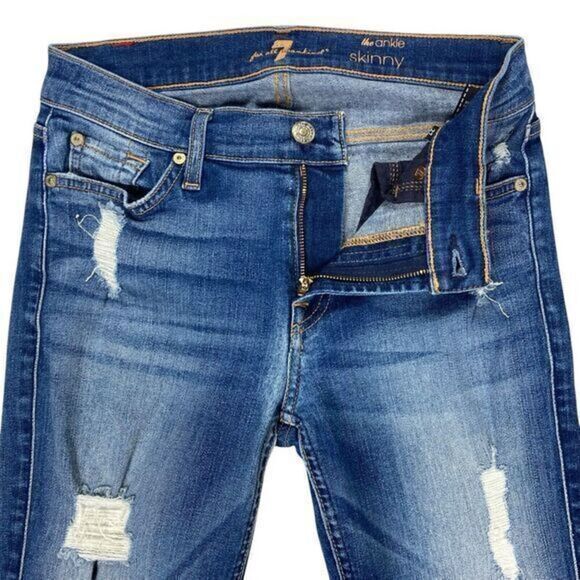 7 For All Mankind The Skinny Ankle Jeans Womens 27 Mid Rise Ripped Distress Pant - Picture 3 of 14